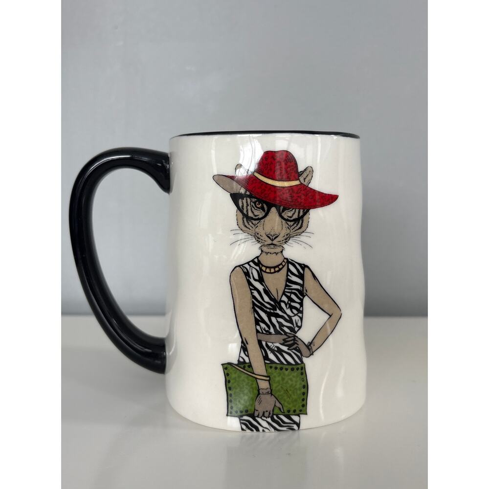 Signature Housewares Hipster Cat Mug White Black Ceramic Coffee Cup 15 oz